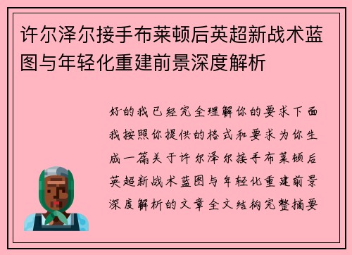 许尔泽尔接手布莱顿后英超新战术蓝图与年轻化重建前景深度解析